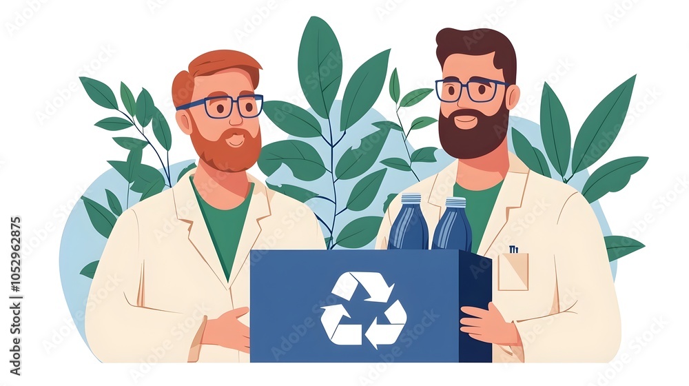 Poster Factory workers efficiently managing the waste recycling process with advanced equipment and technology in a modern sustainable art style