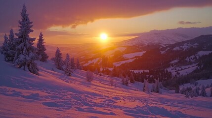 Winter Sunset Landscape with Snow Covered Mountains and a Village