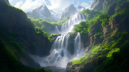 Fototapeta premium A breathtaking view of a majestic waterfall cascading over rocky cliffs, surrounded by lush greenery under bright summer sunlight 