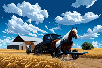 a 2D cartoon illustration of a horse pulling a plow working on the farm traditional vibes white background