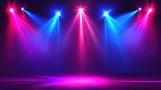 Vibrant neon spotlight light creating a panoramic abstract background, featuring a dynamic interplay of colors and light effects. This stunning visual showcases a blend of bright neon hues 