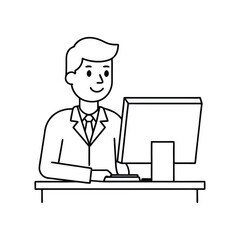 Corporate man Working on Computer: Black and White Vector Line Art