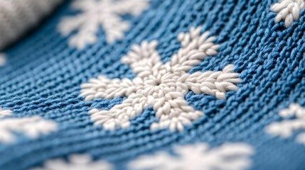 Blue Knit Fabric with White Snowflake Pattern