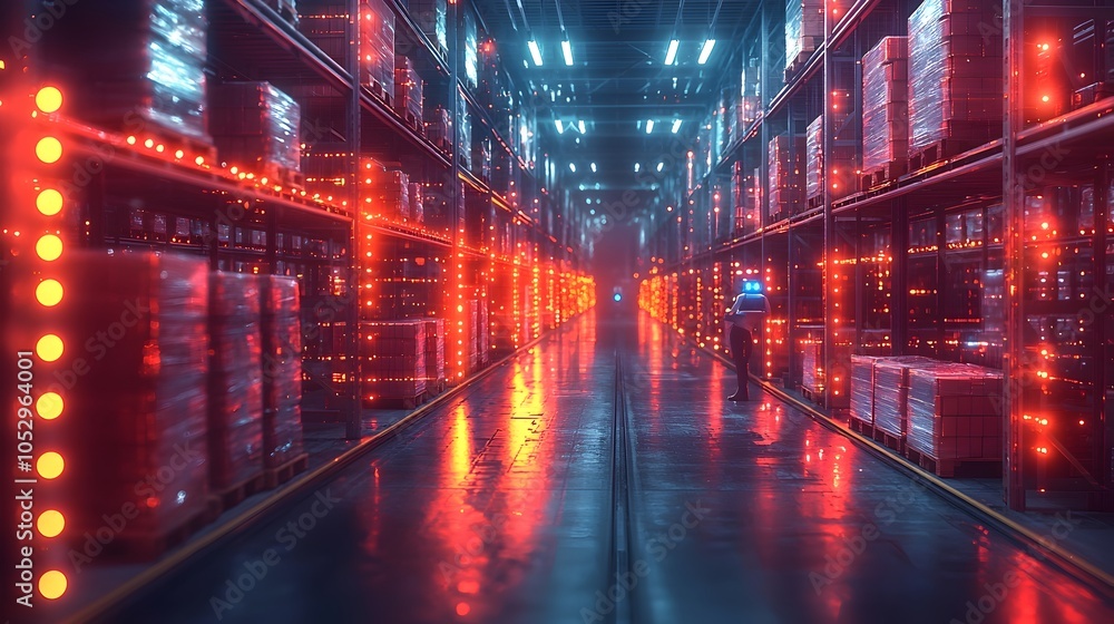 Poster Smart Warehouse Equipped with Augmented Reality Technology Enabling Package Identification and Efficient Navigation Through a Futuristic Digital Environment to Optimize Supply Chain Processes