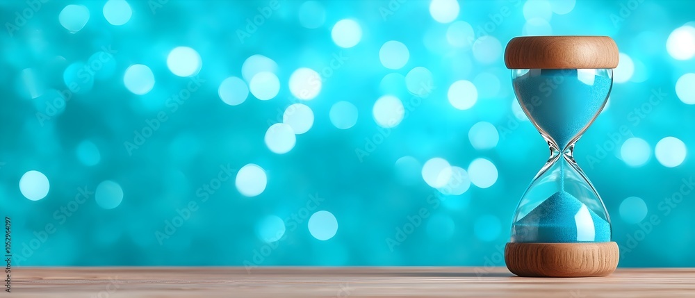 Poster tranquil blue hourglass with flowing sand glowing in a serene calming atmosphere of soft blue white 