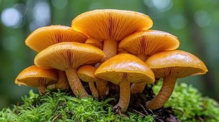 Closeup of vibrant orange mushrooms growing in moss,  a vibrant display of nature's beauty