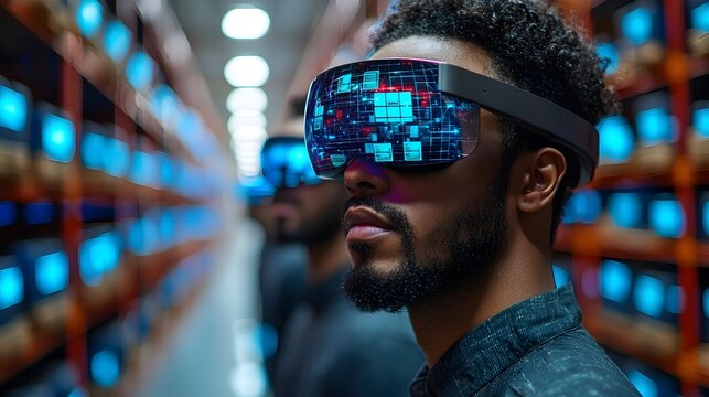 Futuristic smart warehouse workers using augmented reality glasses to interact with holographic package information floating in a glowing blue industrial environment