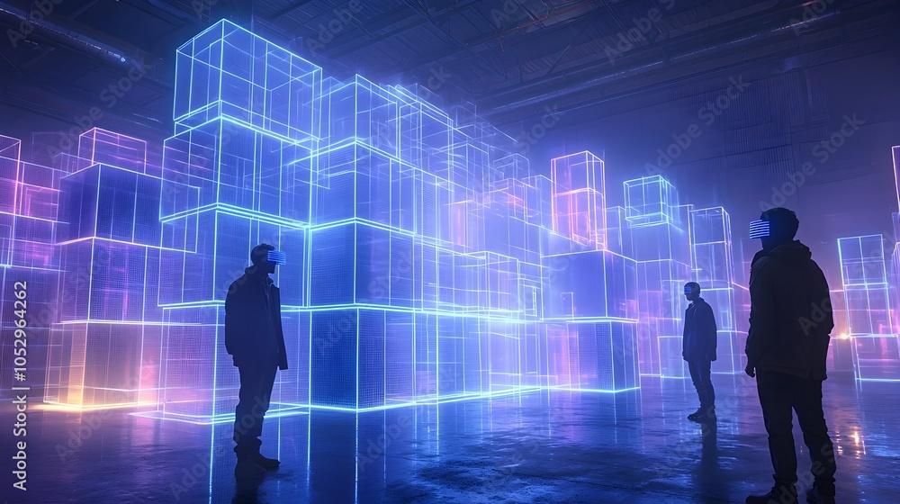 Poster advanced supply chain concept with ar powered smart warehouse utilizing holographic package info and