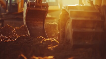 Excavator Working at Sunset on Construction Site
