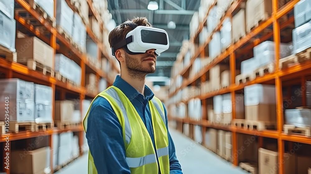 Poster efficient smart warehouse with augmented reality technology identifying packages and workers navigat