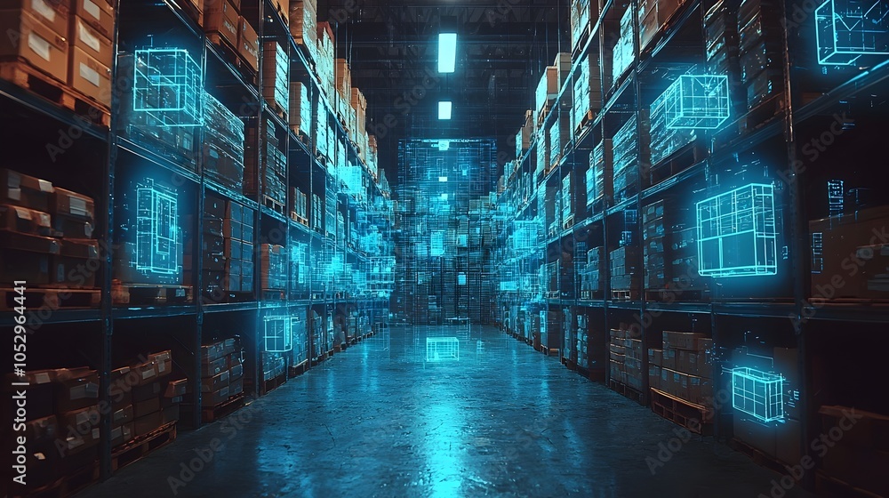 Leinwandbilder augmented reality guided efficient warehouse logistics and package tracking system futuristic blue g