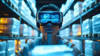 Futuristic smart warehouse with augmented reality technology identifying packages and workers navigating a glowing digital environment