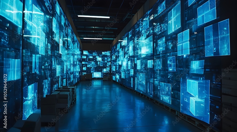 Poster Futuristic warehouse with glowing augmented reality screens aiding package picking and supply chain advanced logistics technology and data driven digital solutions for efficient inventory management