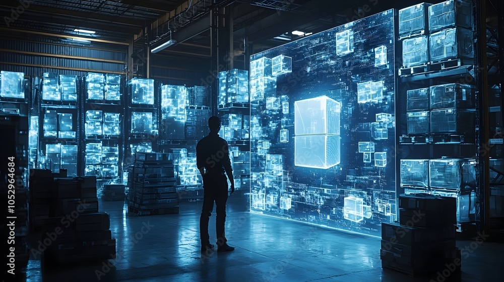Poster futuristic warehouse automation system with glowing screens aiding package picking and supply chain 