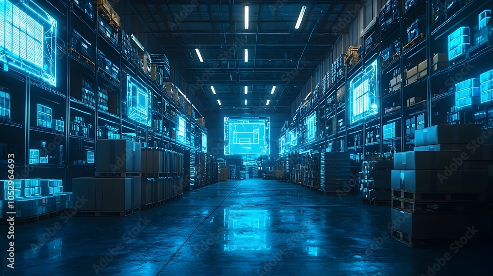 Poster glowing augmented reality screens assisting futuristic package picking in a high tech supply chain a