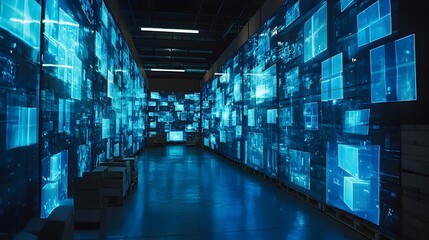 Futuristic warehouse with glowing augmented reality screens aiding package picking and supply chain advanced logistics technology and data driven digital solutions for efficient inventory management