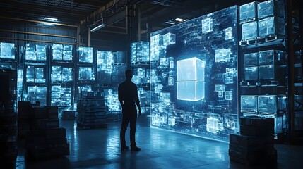 Futuristic warehouse automation system with glowing screens aiding package picking and supply chain management  High tech concept showcasing the of holographic package details AI powered workflows