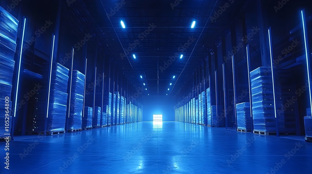 Poster futuristic digitalized warehouse environment with package sorting glowing blue light guiding the way