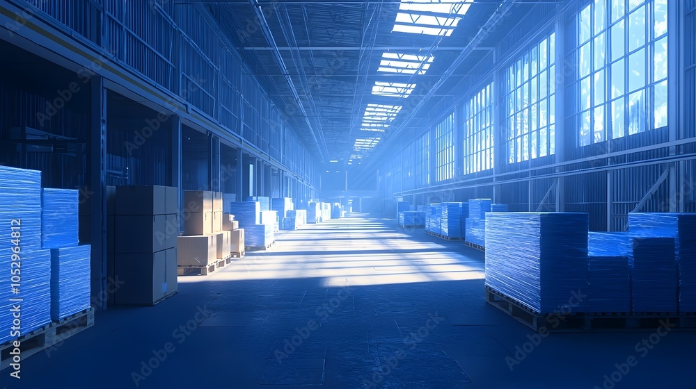 Fototapete digitized warehouse environment with augmented reality package sorting glowing blue lights guiding t