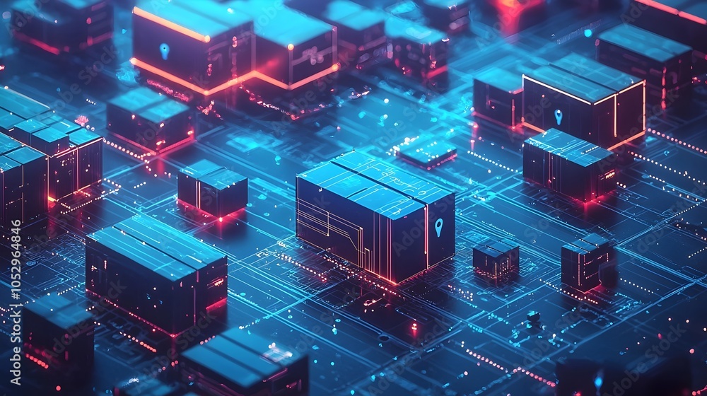 Poster Futuristic Augmented Reality Warehouse Setup for Streamlined Package Tracking and Delivery  Advanced logistics technology with glowing blue UI elements