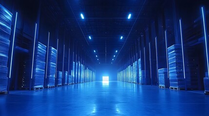 Futuristic digitalized warehouse environment with package sorting glowing blue light guiding the way and efficient supply chain and logistic innovation  Showcasing advanced technology automation