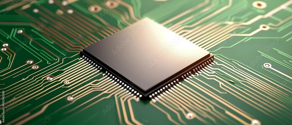 Poster Intricate Circuit Board Under Precise Engineering Assembly with Vivid Metallic and Green Highlights for a High Tech Industrial Look  Close Up Shot of Complex Electronic Components and Wiring System