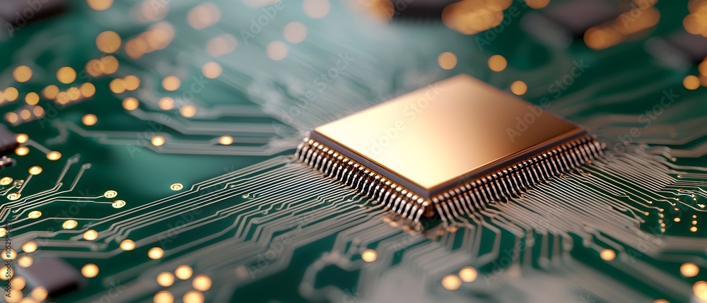 Poster Close up Shot of a Skilled Engineer Meticulously Assembling a Complex Circuit Board Highlighting the Intricate Components and Metallic and Green Tones of the Workspace