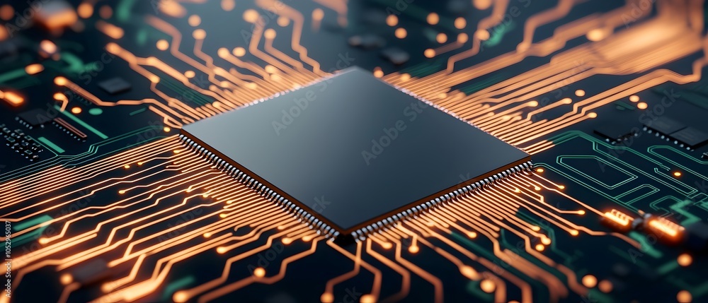 Poster Detailed Close up Shot of an Intricate Circuit Board Assembled by an Engineer Showcasing the Complexity and Precision of Modern Electronic Technology and its Components