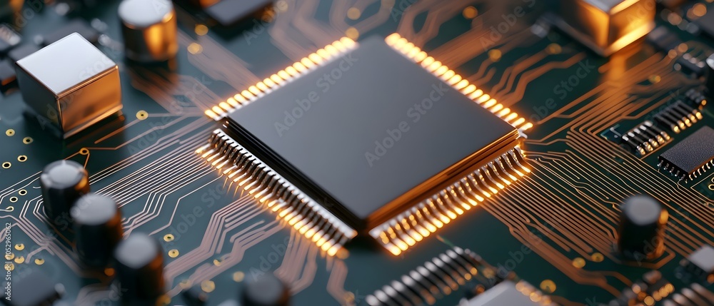 Poster Precision Engineering Close Up Shot Showcasing the Assembly Process of a Circuit Board with Strong Metallic and Green Highlights Highlighting the Modern Technology and Components Involved