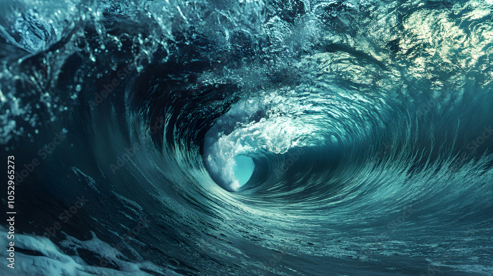 Poster curved wave tunnel with the inside of the wave’s barrel showing intricate water patterns