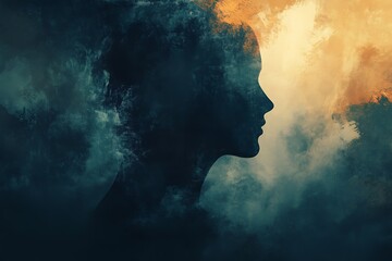 A silhouette of a human head blending into clouds, with a bright light in the background, symbolizing introspection, hope, and the ethereal nature of thought.