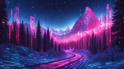 Digital Winter Landscape with Neon Elements