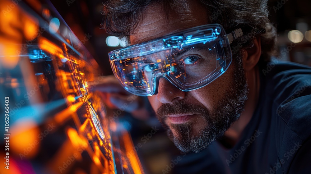 Poster man in goggles observing a futuristic interface