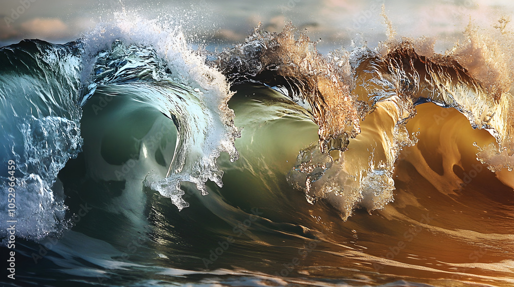 Poster three different waves in varying stages of breaking, capturing the flow from formation to splash