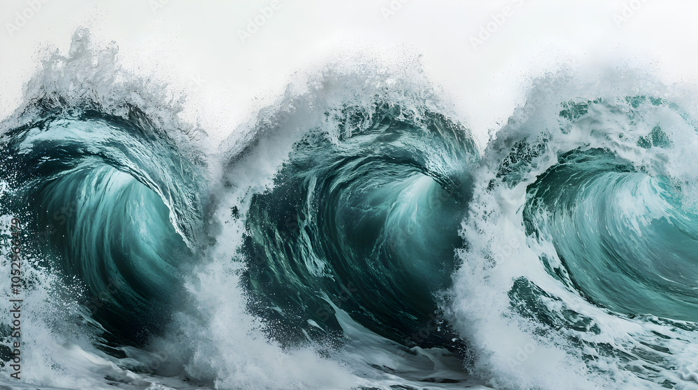 Poster three different waves in varying stages of breaking, capturing the flow from formation to splash