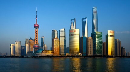 Obraz premium 2410 9.A city skyline in China with an array of contemporary skyscrapers towering over the urban landscape. The sleek designs and shimmering glass facades of the buildings reflect the cityâ€™s growth