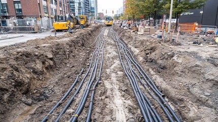 2410 23.A construction site where electrical cables have been dug out from the ground, lying in a neatly arranged trench. The cables are ready for underground installation, with the surrounding area