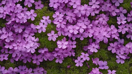 Fototapeta premium 2410 77.A dense carpet of purple phlox subulate flowers in full bloom, with their bright, star-like petals covering the ground. The creeping moss forms a vibrant purple and green mat, transforming