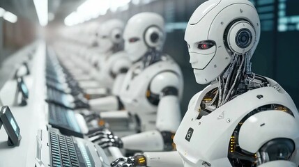 Fototapeta premium AI Robots Working in a Modern Factory