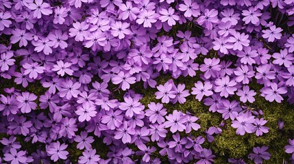 2410 77.A dense carpet of purple phlox subulate flowers in full bloom, with their bright, star-like petals covering the ground. The creeping moss forms a vibrant purple and green mat, transforming