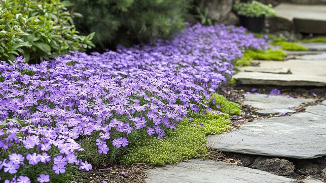 2410 77.A dense carpet of purple phlox subulate flowers in full bloom, with their bright, star-like petals covering the ground. The creeping moss forms a vibrant purple and green mat, transforming