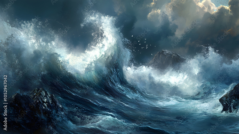 Poster wave crashing into invisible rocks with white foam and mist scattering