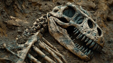 2410 106.A detailed close-up of a dinosaur skeleton partially uncovered in the ground, with fossilized bones clearly visible through the layers of soil. The large ribcage and skull are prominent,