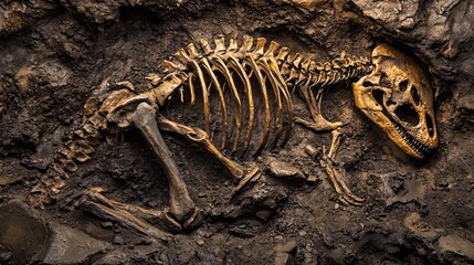 Fototapeta premium 2410 106.A detailed close-up of a dinosaur skeleton partially uncovered in the ground, with fossilized bones clearly visible through the layers of soil. The large ribcage and skull are prominent,