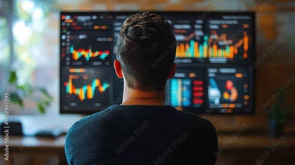 Poster a man focused on stock market data displayed on a large screen.
