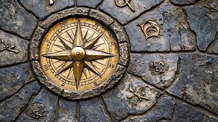 Obraz premium 2410 97.A detailed shot of a decorative compass embedded in cement, with the directions north, south, east, and west clearly marked. Zodiac symbols circle the compass points, adding a layer of