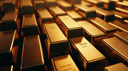 Obraz premium A close-up view of stacked gold bars gleaming under light, showcasing their shiny surfaces and imprinted markings.
