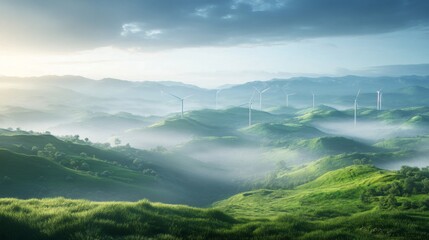 Fototapeta premium Lush Green Hills with Wind Turbines at Sunrise