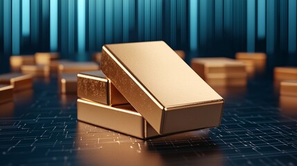 A shiny gold bar is displayed against a futuristic backdrop, highlighting its luxurious and valuable nature in a contemporary setting.
