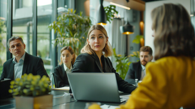 Young blonde woman looking up from her laptop as she speaks confidently with some snark during a job interview at a modern tech company.
